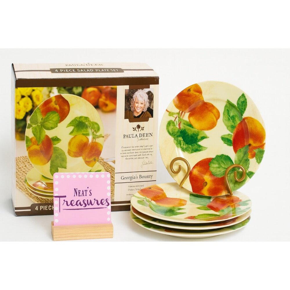 Paula Deen GEORGIA'S BOUNTY Fruit  Peach Yellow Rim Porcelain Salad Plate Set 4